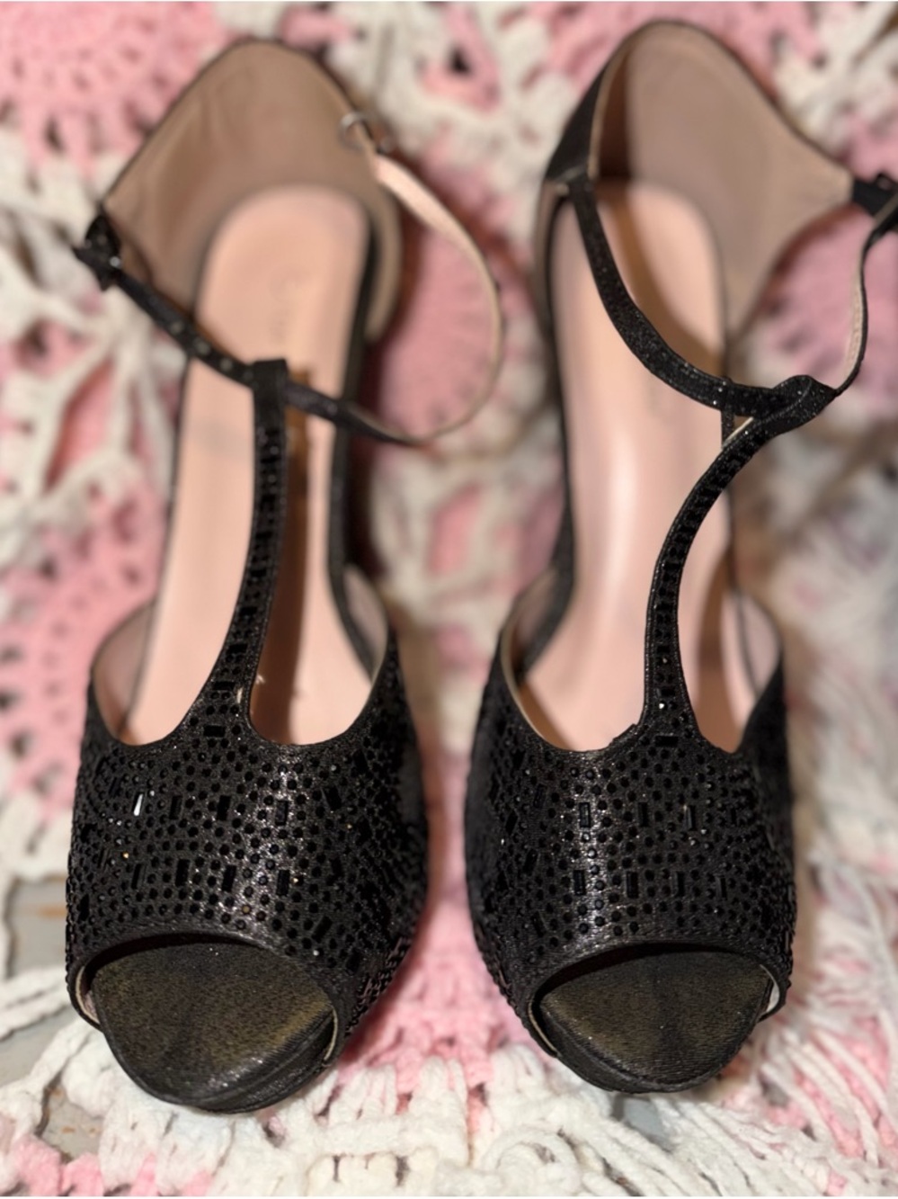Black T-Strap Peep-Toe Women's Heels - Classic Evening Shoe